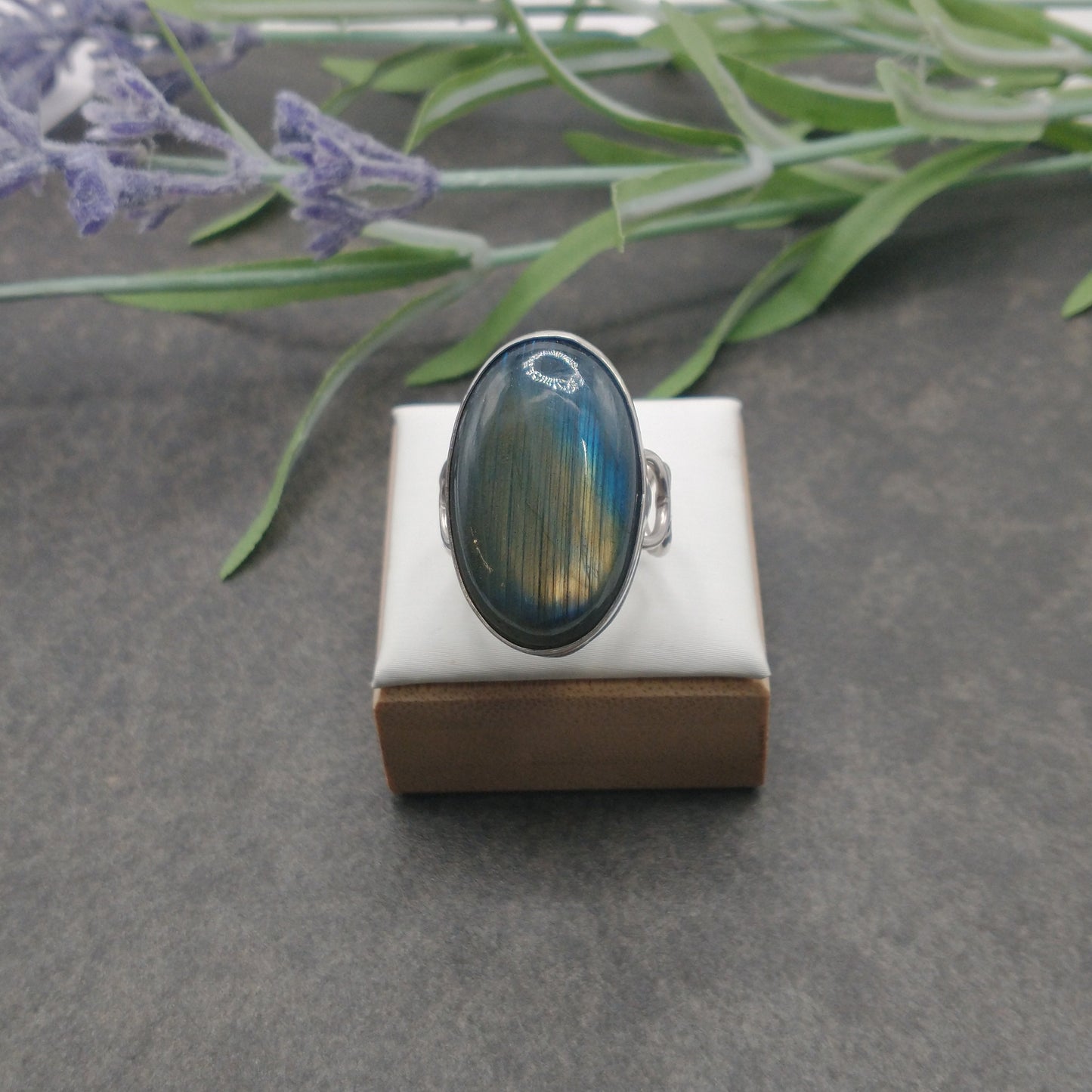 Labradorite with Unique Band Ring Size 8